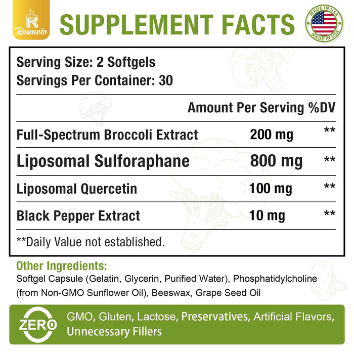 800 MG Liposomal Sulforaphane, Powerful Dual-Delivery for Maximum Absorption & Potency, Full-Spectrum Broccoli Extract, Antioxidant & Liver Supplement, 120 Softgels