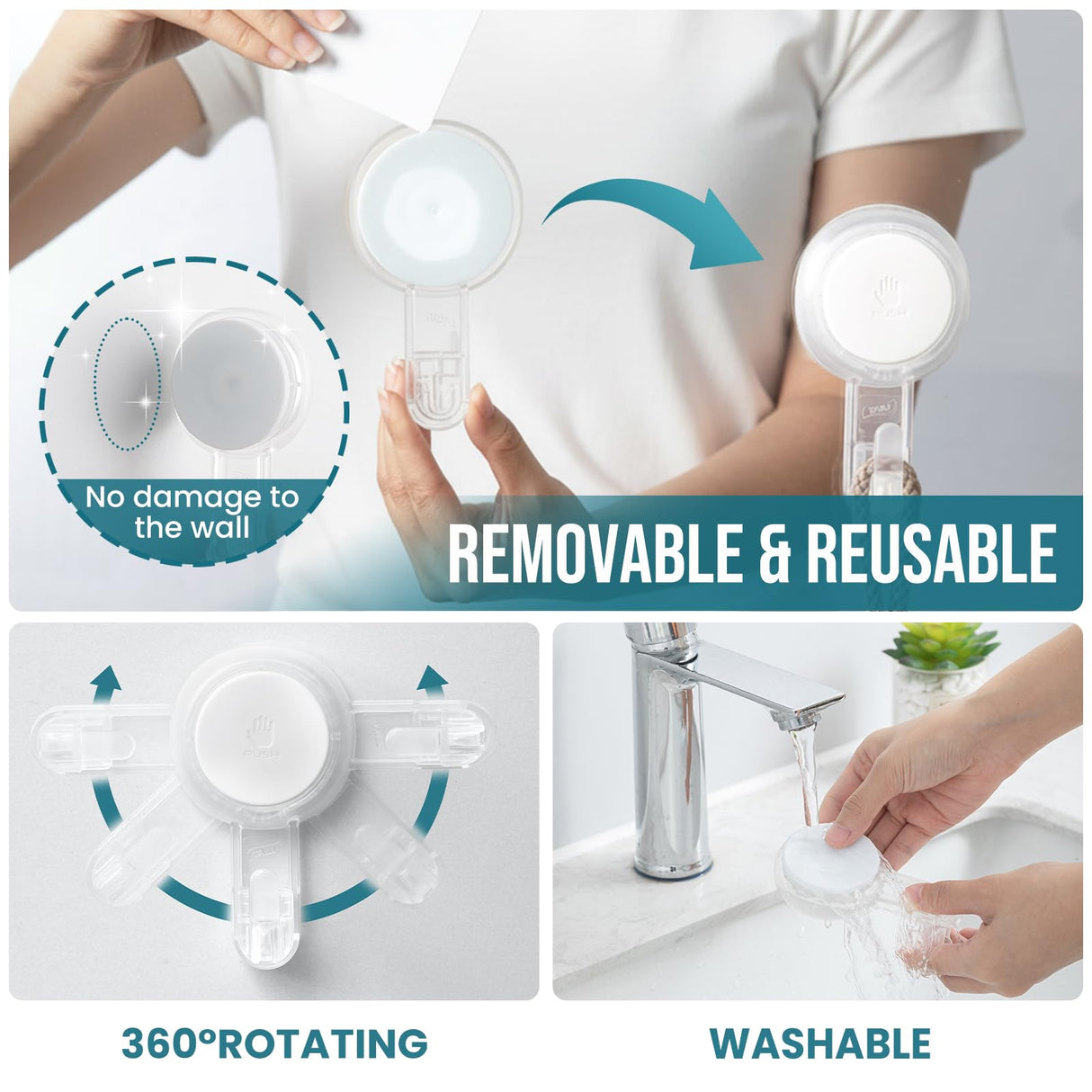 TAILI 4 Pack Powerful Suction Cup Shower Hooks for Towel, Loofah, 360° Rotatable Damage-free Hanging Versatile Wall Hooks for Inside Bathroom, Decoration, Removable Suction Holders, Easy to Use, Clear