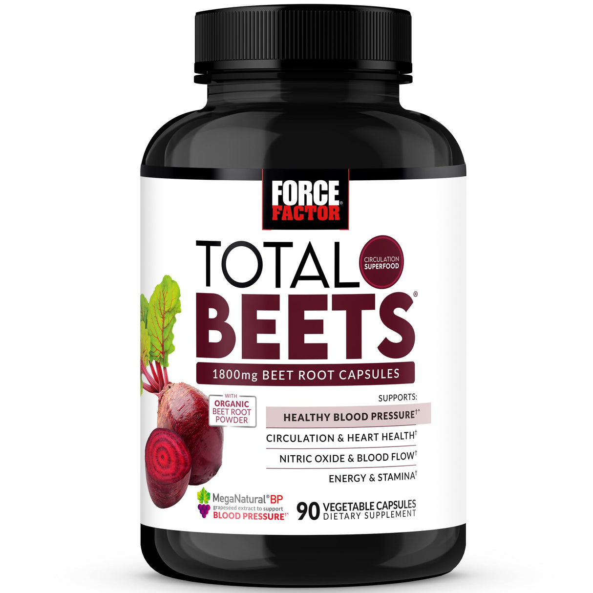 Force Factor Total Beets Blood Pressure Support Beet Root Capsules, 1800mg Organic Beet Root Powder Beet Supplement with Hawthorn Berry to Support Circulation and Blood Flow, 90 Vegetable Capsules