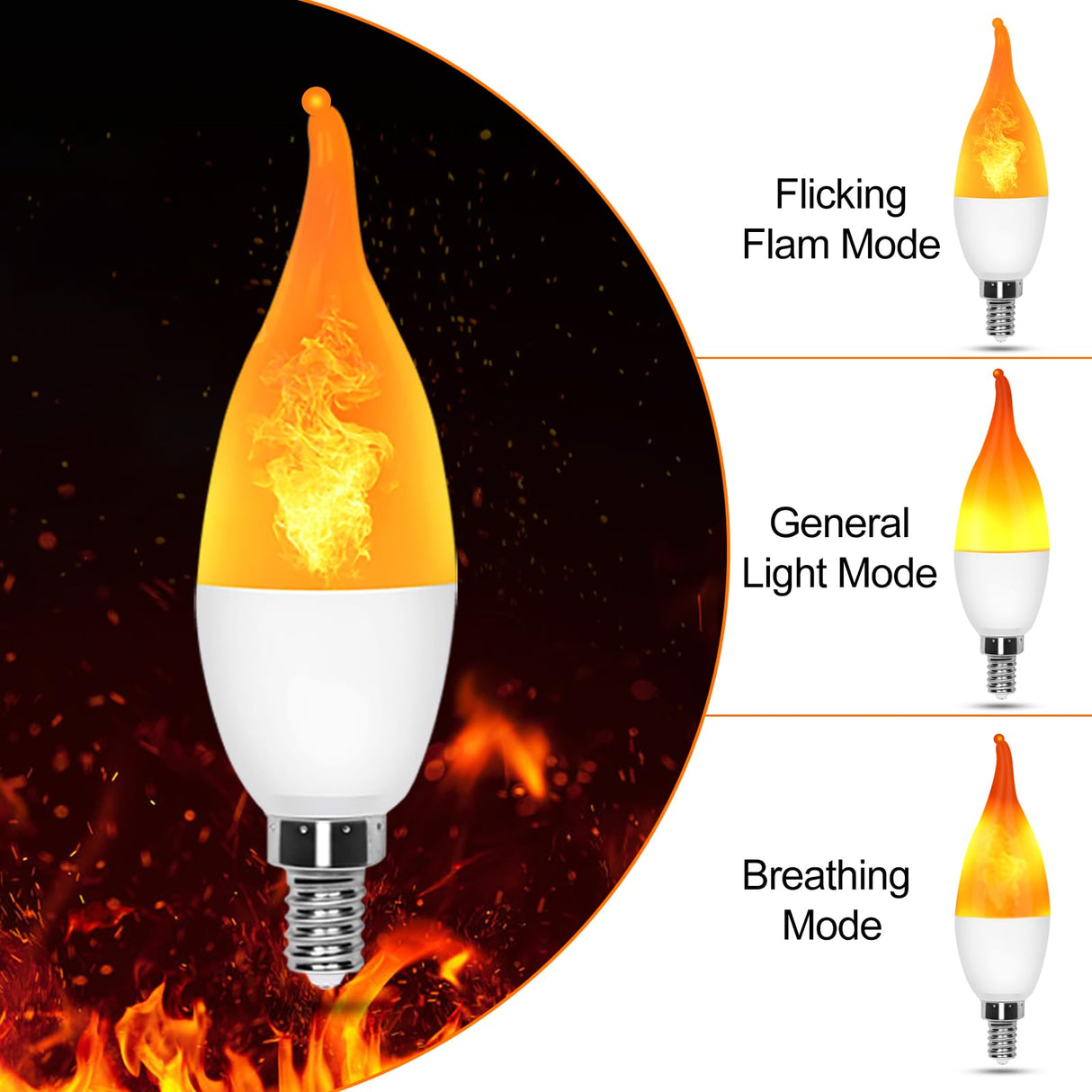 AYOGU 6-Pack LED Flame Light Bulb, 3 Mode E12 Edison Bulb, 1.2W Warm White, for Chandelier, Halloween Decorations, Christmas, Outdoor, Indoor
