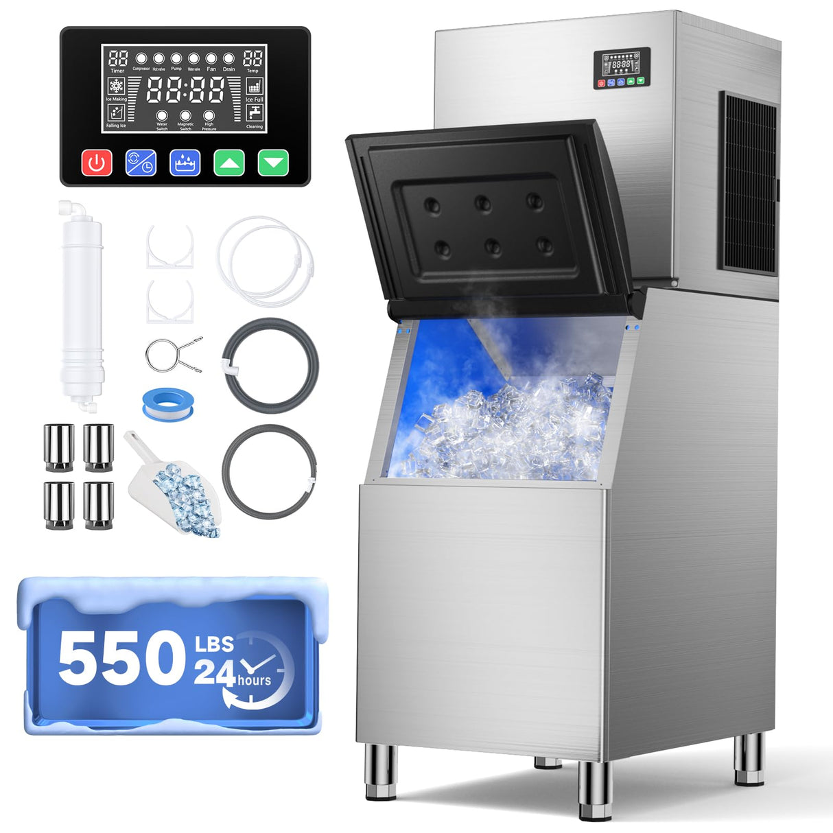 Commercial Ice Machine 550 LBS/24H, Commercial Ice Maker with 400 LBS Storage Bin, Ice Cubes Ready in 5-15 min, Freestanding Ice Maker Machine, Self-Cleaning, Thicknesses Adjustable, Stainless Steel