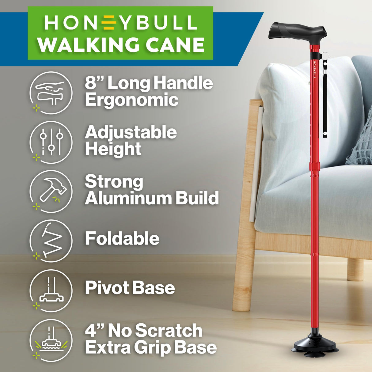 HONEYBULL Walking Cane for Men & Women Foldable, Adjustable, Heavy Duty, Free Standing, All Terrain, Collapsible Walking Sticks for Seniors & Adults (Red)