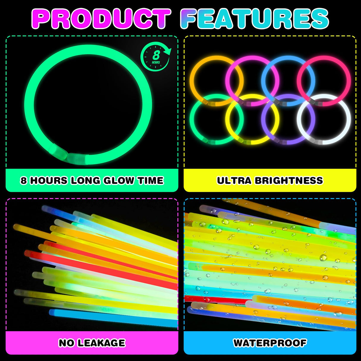 YixangDD 500 PCS Ultra Bright Glow Sticks, 8 Inch Glow Sticks Bulk Party Pack, Light Up Sticks for Glow Bracelets, Necklaces, Concerts, Christmas, Party Supplies with 500 Connectors