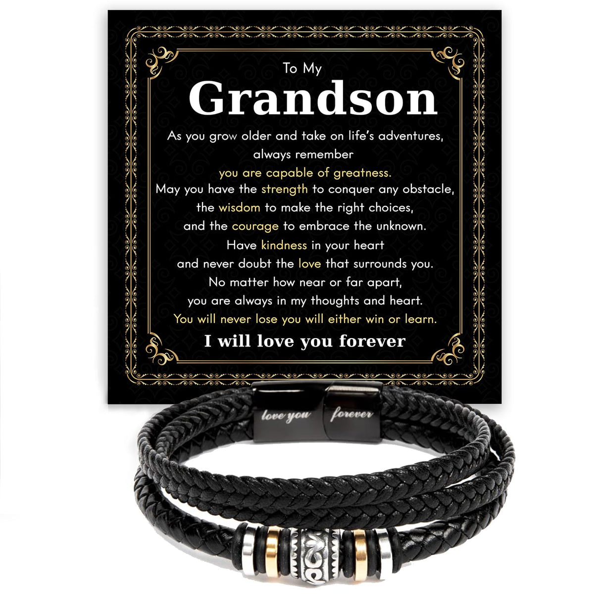 Mapileng To My Grandson – Braided Leather Bracelet with Love You Forever Message, Thoughtful Gift from Grandpa & Grandma with Elegant Gift Box – Ideal for Birthday, Graduation, Christmas For Grandson