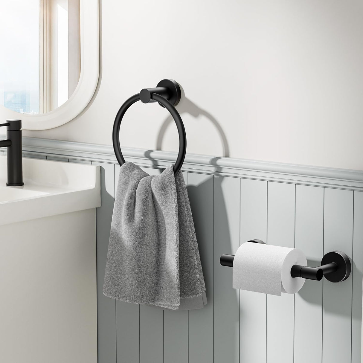 FORIOUS Toilet Paper Holder Wall Mount, SUS304 Stainless Steel Double Post Pivoting Tissue Roll Holder and Hand Towel Ring Set for Bathroom, RV, Bathroom Hardware Accessories Set, Matte Black