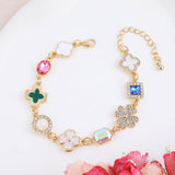 Gold Clover Charm Link Bracelet for Women Cute Colorful Geometric Diamond Mother of Pearl Lucky Four Leaf Clover Bracelet Enamel Crystal Rhinestone Statement Bracelet Adjustable Party Jewelry Gift