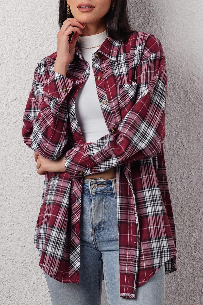 CHYRII Womens Button Down Flannel Shirts Long Sleeve Plaid Shacket Business Casual Blouse Tops 7157-Christmas Red L