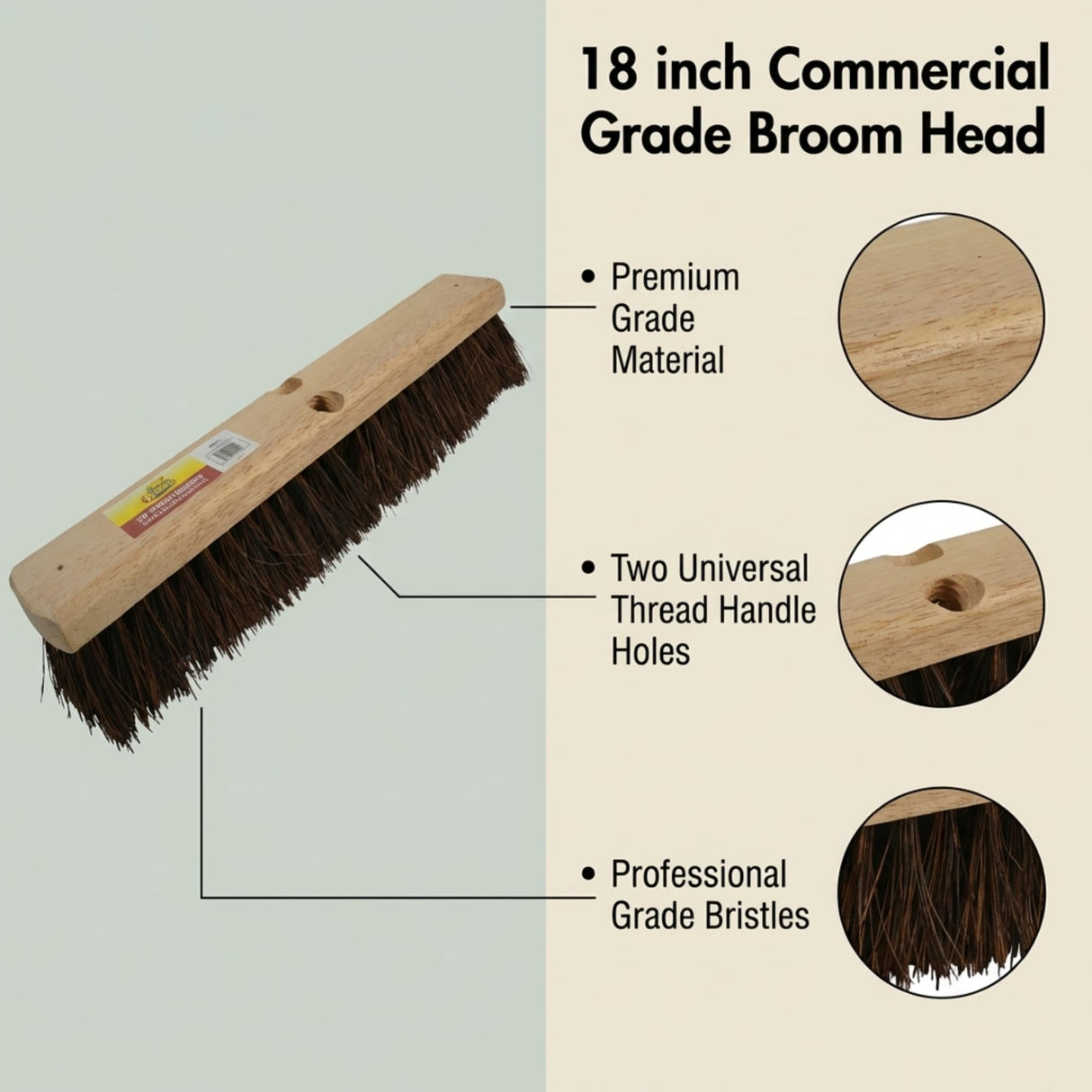 Bristles 4218 18” Push Broom Head for Indoor and Outdoor, Commercial Or Residential Use with Stiff Bristles for Heavy-Duty Work On Concrete, Patio, Garage, Stone Or Any Heavy Duty Cleaning