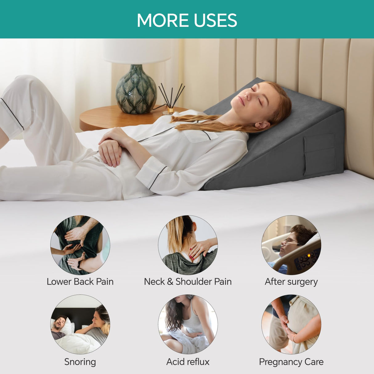 Bedluxe Bed Wedge Pillow for Sleeping, 8 Inch Memory Foam Wedge Pillow Post Surgery, Triangle Pillows Wedge, Elevated Support Pillows for Sleeping, Acid Reflux & Snoring - Removable Washable Cover