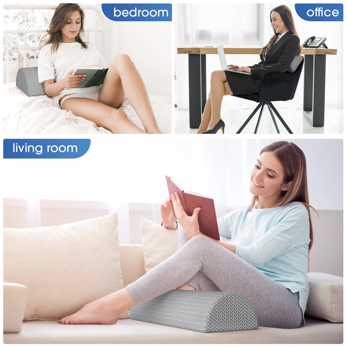 TranquilRelax Knee Pillow for Back Sleeping Memory Foam Half Moon Bolster Pillow for Legs, Under Knee Support, Ankle & Foot Comfort Orthopedic Pillow for Side Sleepers (Grey, 20.4" x 8" x 4.9")