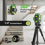 Huepar Laser Level 360 Self Leveling, Rechargeable Green Laser 3x360° Cross Line Lazer Leveler 3D Level Laser Tool for Construction and Picture Hanging, Strong Magnetic Bracket&Hard Carry Case -HM03CG