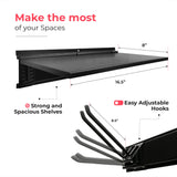 Heavy-Duty Garage Wall Storage System | Wall Mounted Tool Organizer Rack with Shelving | 10-Piece Mounting Kit | Includes 4x8.5” Adjustable Hooks & 2x16.5” Floating Utility Shelves