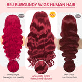 30 Inch 99J Burgundy Lace Front Wigs Human Hair 13x6 Body Wave Lace Front Wigs Human Hair Pre Plucked 200 Density Glueless HD Transparent Full Lace Frontal Wigs Human Hair Red Wigs With Baby Hair