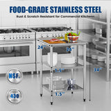 Chingoo Stainless Steel Work Table 24x24 Inch with 2 Adjustable Undershelves & Backsplash, Heavy-Duty Prep Table for Commercial Kitchen, Restaurant, Garage, Outdoor