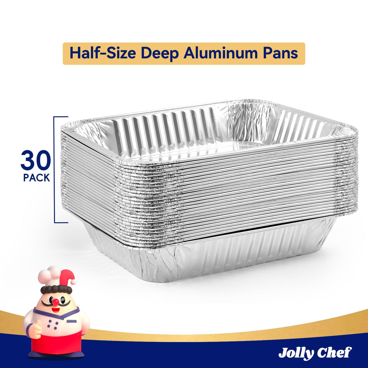 JOLLY CHEF 9x13 Aluminum Foil Pans (30 Pack) - Disposable Half Size Deep Steam Foil Pans for Roasting Turkey, Lasagna, Casseroles - Thanksgiving, Christmas, Parties, Catering