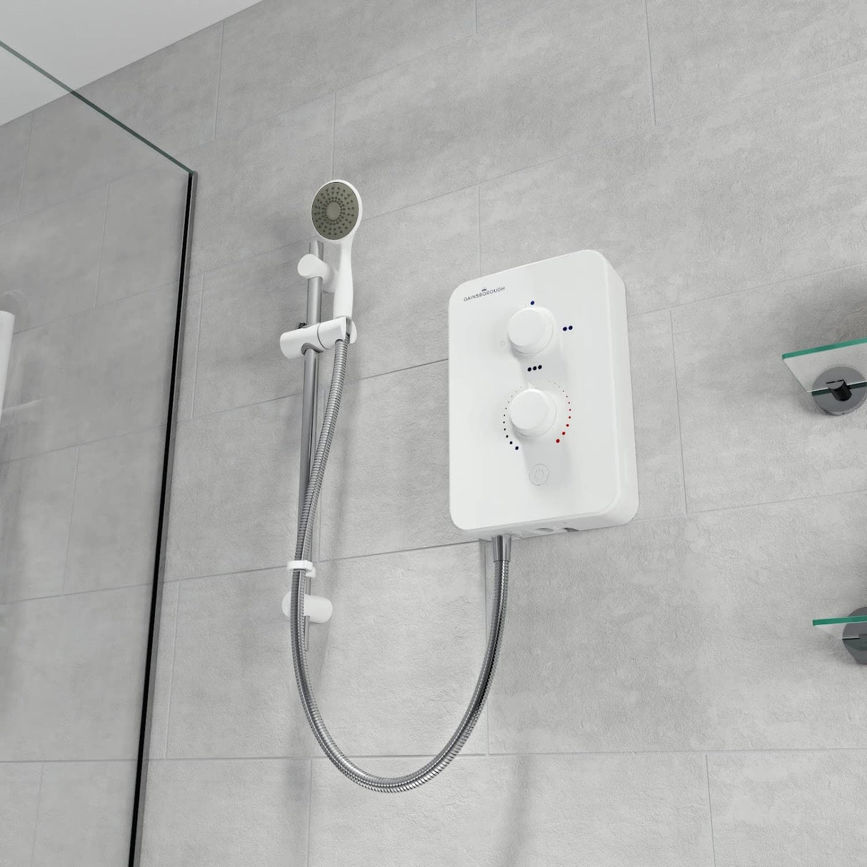 Gainsborough Slim Mono 8.5kW Electric Shower White Single 1 Spray Mode Head Adjustable Handset with Hose Rub Clean Nozzles Bathroom IPX4