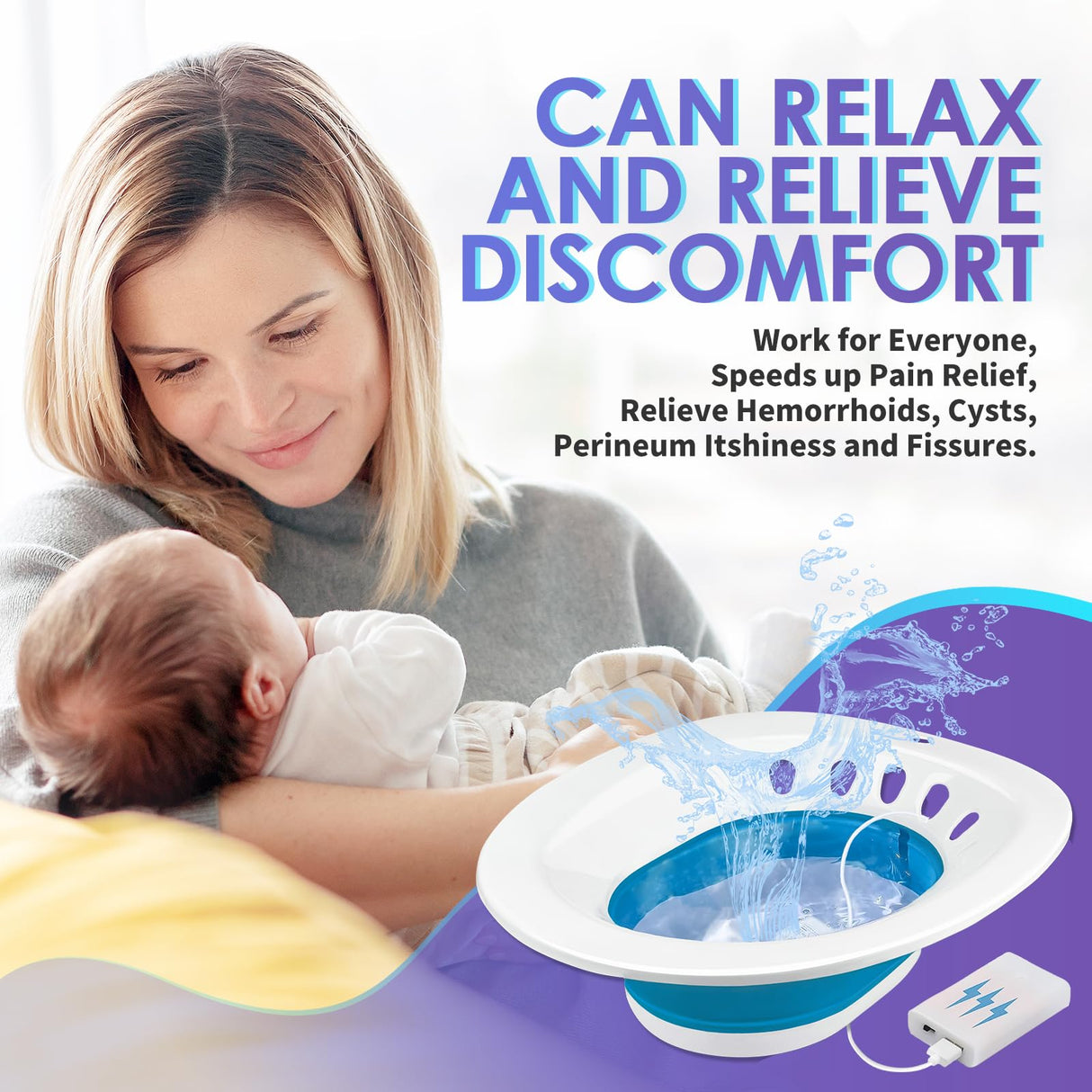 Electric Sitz Bath, Sitz Bath for Hemorrhoids, Sitz Bath for Toilet Seat, Postpartum Care, Perineum Relief - Collapsible, Wide Seat, Deeper Bowl - Use w/Sitz Bath Salt