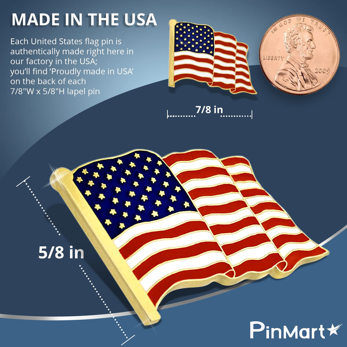 PinMart Set of 2 American Flag Lapel Pins Waving Gold colored&Nickel Plated