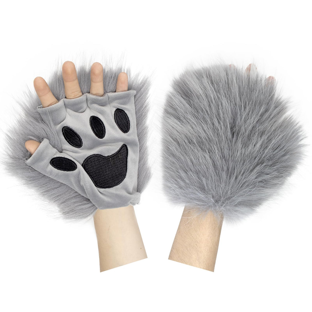 HAOAN Wolf Fox Tail Clip Ears and Gloves Set Halloween Christmas Fancy Party Costume for Women and Man Gray