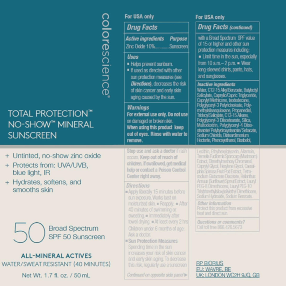 Colorescience Total Protection No-Show Mineral Sunscreen SPF 50, 100% ...
