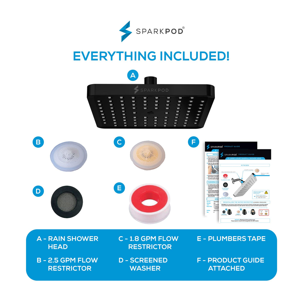 SparkPod Shower Head - High Pressure Rain - Premium Quality Luxury Design - Easy Clean Adjustable Replacement for Your Bathroom Shower Heads (Midnight Black Matte, 8 Inch Square)