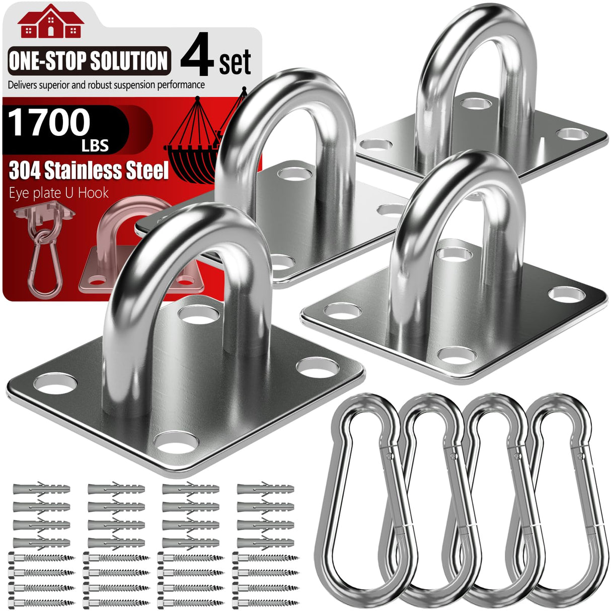 sprookber 304 Stainless Steel Pad Eye Snap Hooks, M10 Heavy Duty Ceiling Hooks, 1700lb Capacity Hammock Swing Hanging kit, Plant Hangers, Marine Hardware Staple Hook Loop with Screws, Set of 8