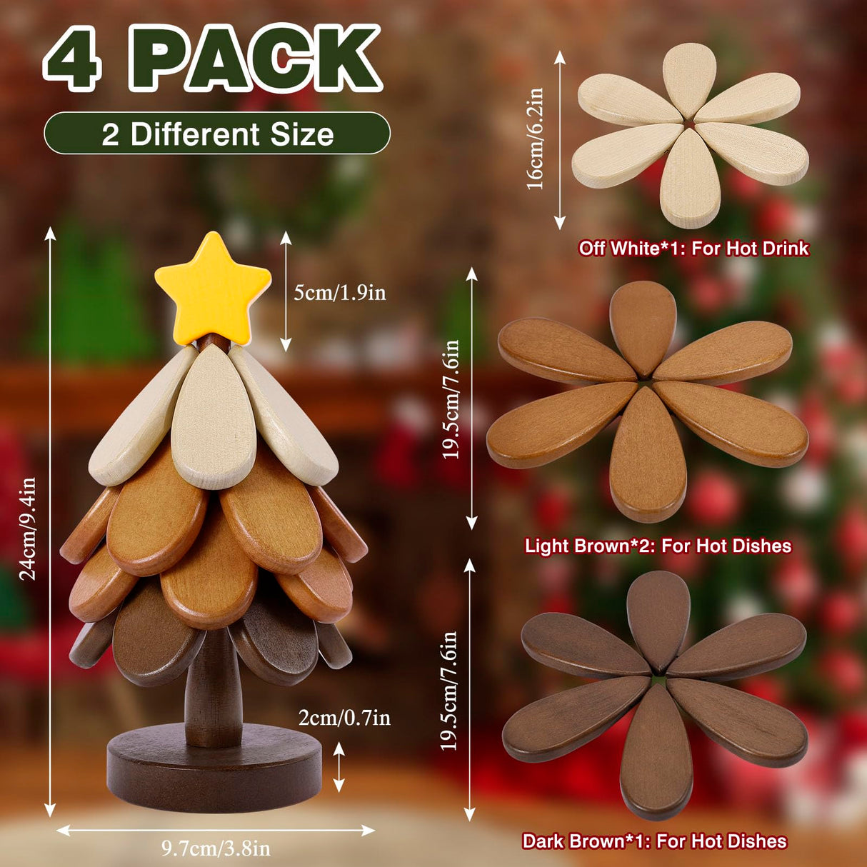 Wooden Tree Trivets for Hot Dishes, Christmas Tree Shape Trivet Set of 4 for Hot Pot Pans, Wood Coasters for Bowls Teapots Drinks Plates, Home Table Decor(Walnut Wood)