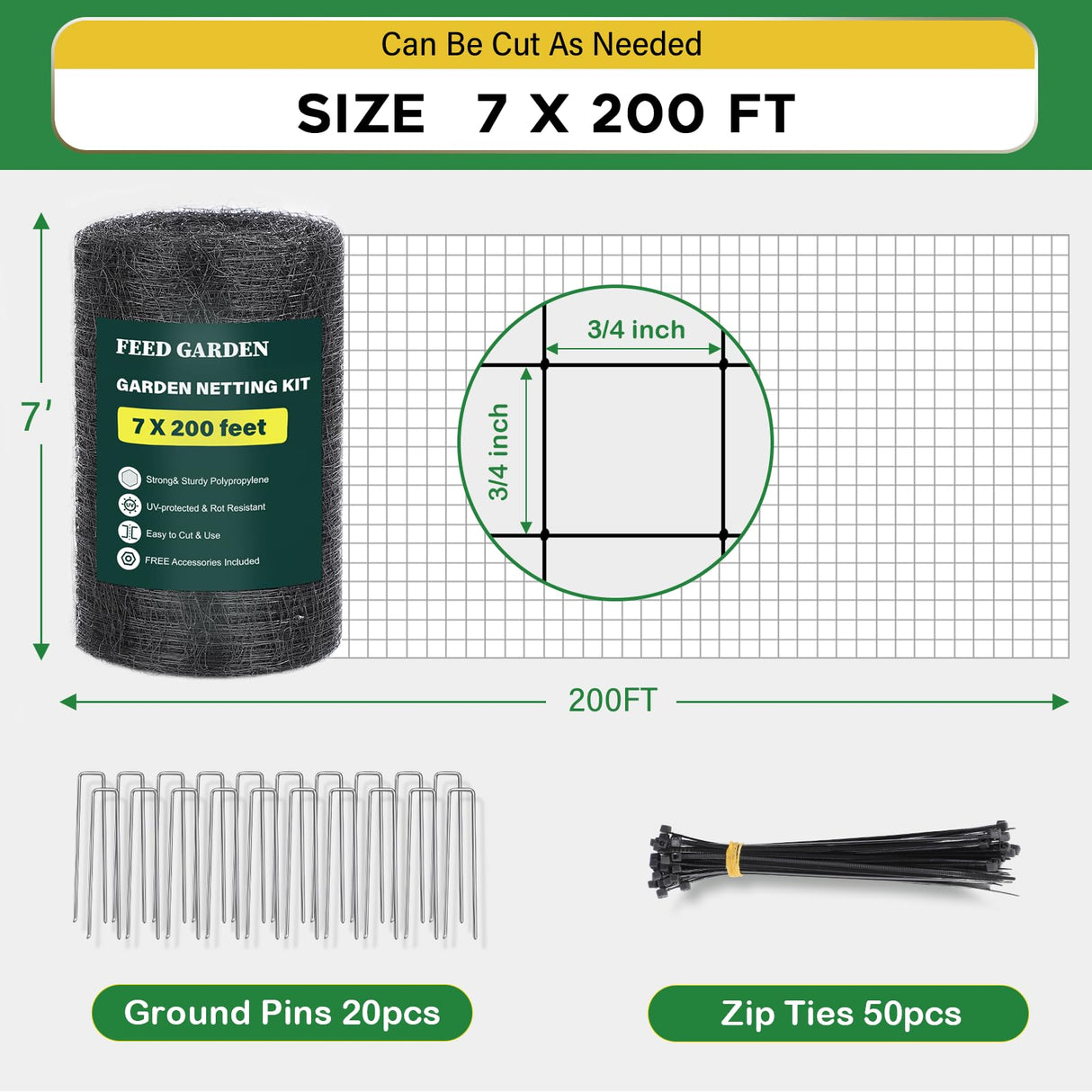 FEED GARDEN Deer Netting Deer Fence Netting, 7 x 200 Feet for Garden Protection Reusable Protective for Plants Fruit Trees Vegetables Against Birds and Other Animal