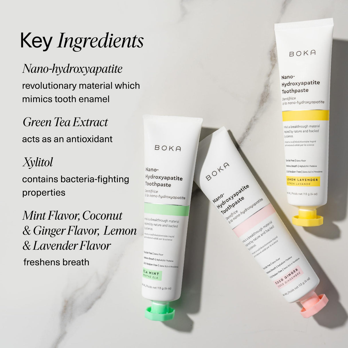 Boka Fluoride Free Toothpaste, Nano Hydroxyapatite Toothpaste, Appropriate for Sensitive Teeth - for Adult, Kids Oral Care - Ela Mint, Coco Ginger, Lemon Lavender Flavor, 4 Fl Oz 3Pk US Manufactured