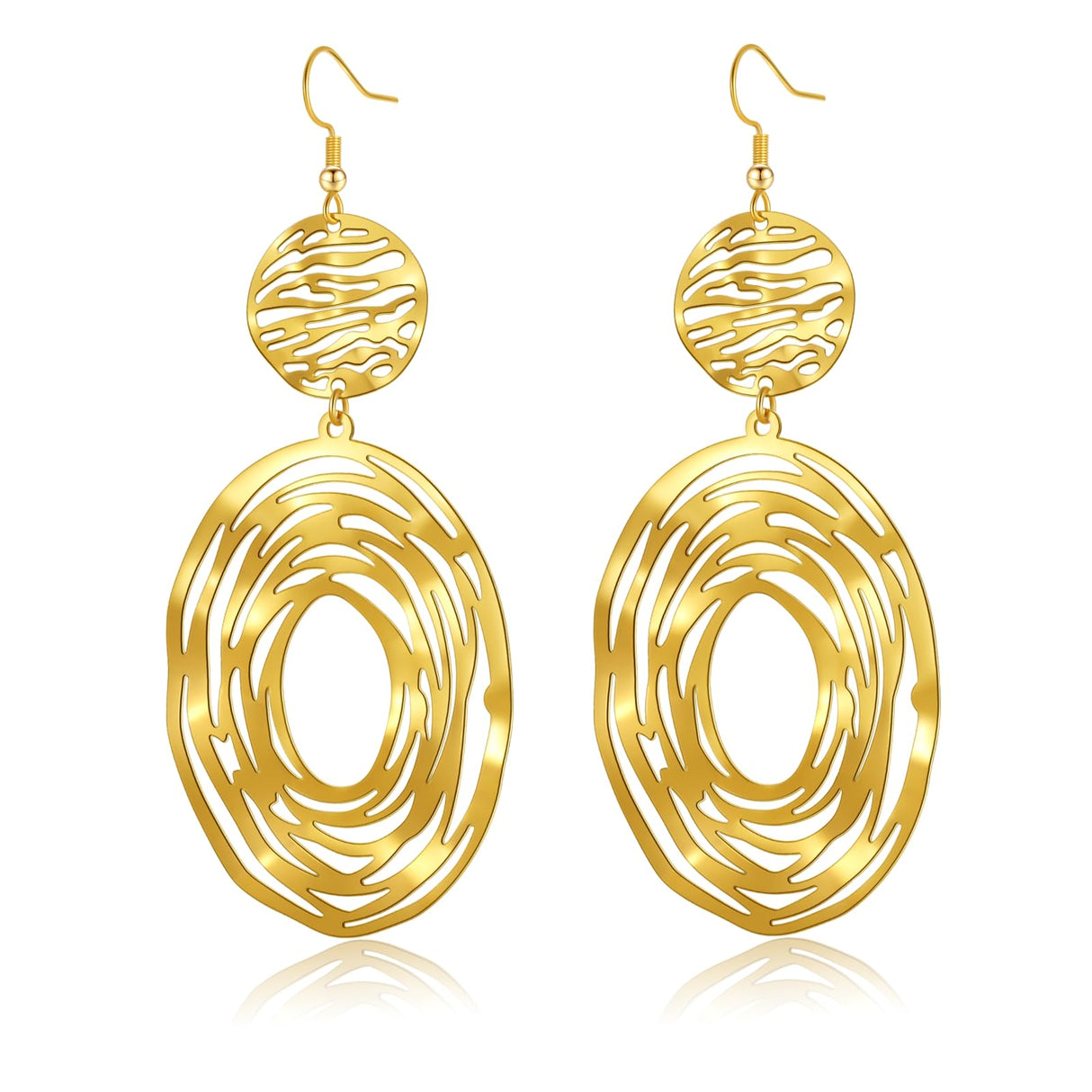 Hpoewre Gold Statement Dangle Earrings, 18K Gold Plated Hollow Out Earrings for Women, Long Dangling Bohemian Earrings, Handmade Trendy Geometric Round or Heart Drop Fish Hook Earring