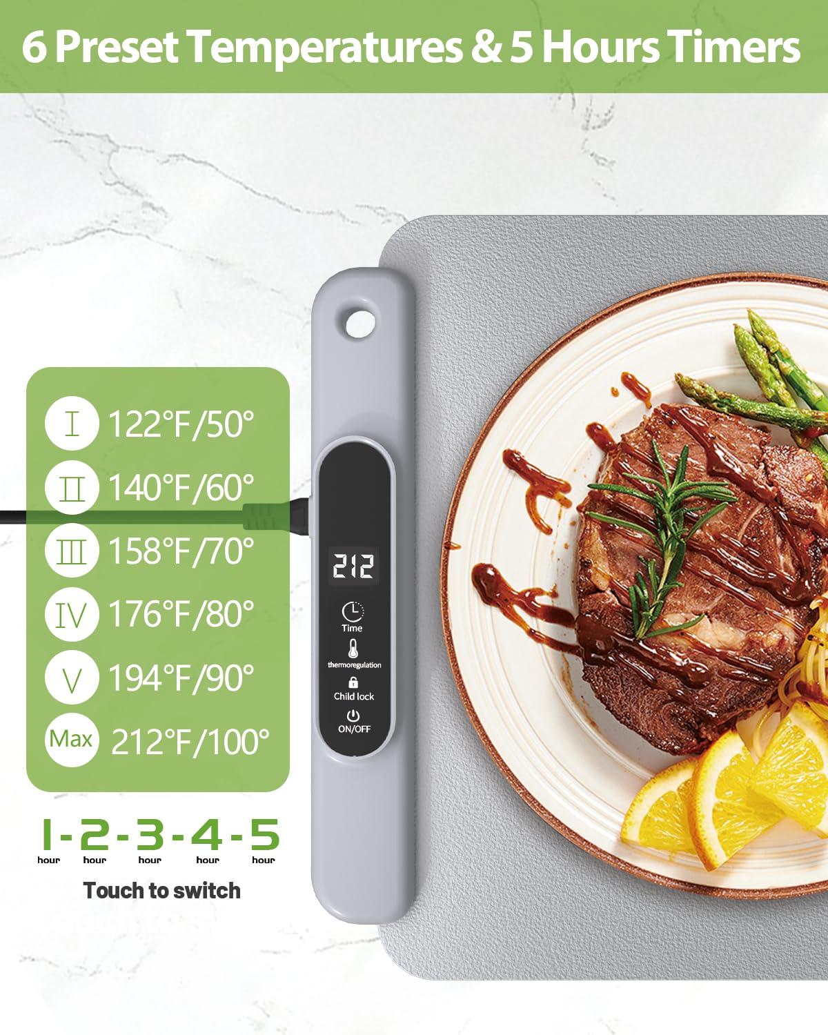 Food Warming Mat Electric Tray: YTLAD Silicone Heating Pad with 6 Level Adjustable Temperature and 5 Hours Timer & Family Lock, Foldable Food Warmers for Parties, Daily Use (Grey, 25.6" x 15.55")
