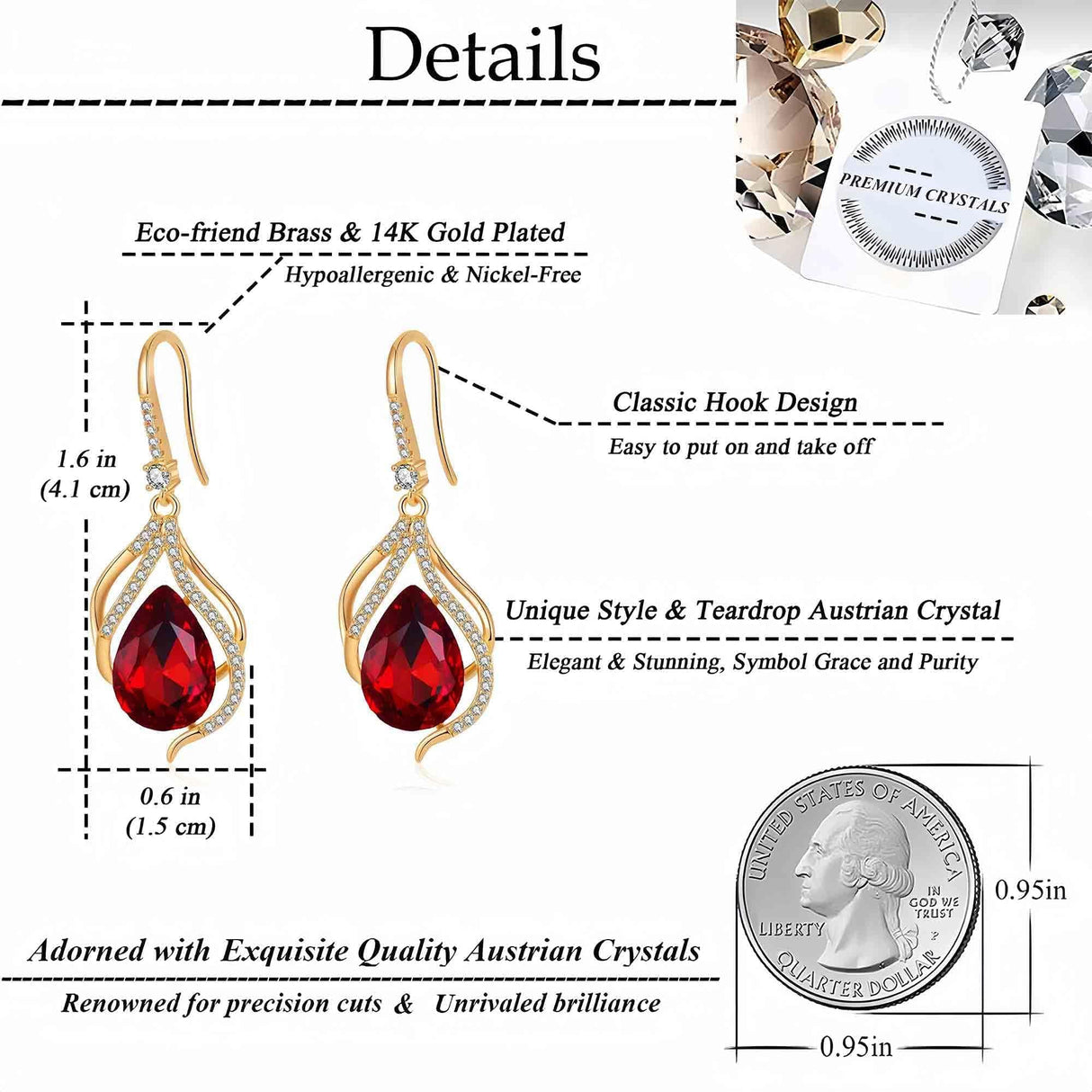 EVEVIC Austrian Crystal Teardrop Dangle Earrings for Women, French Hook