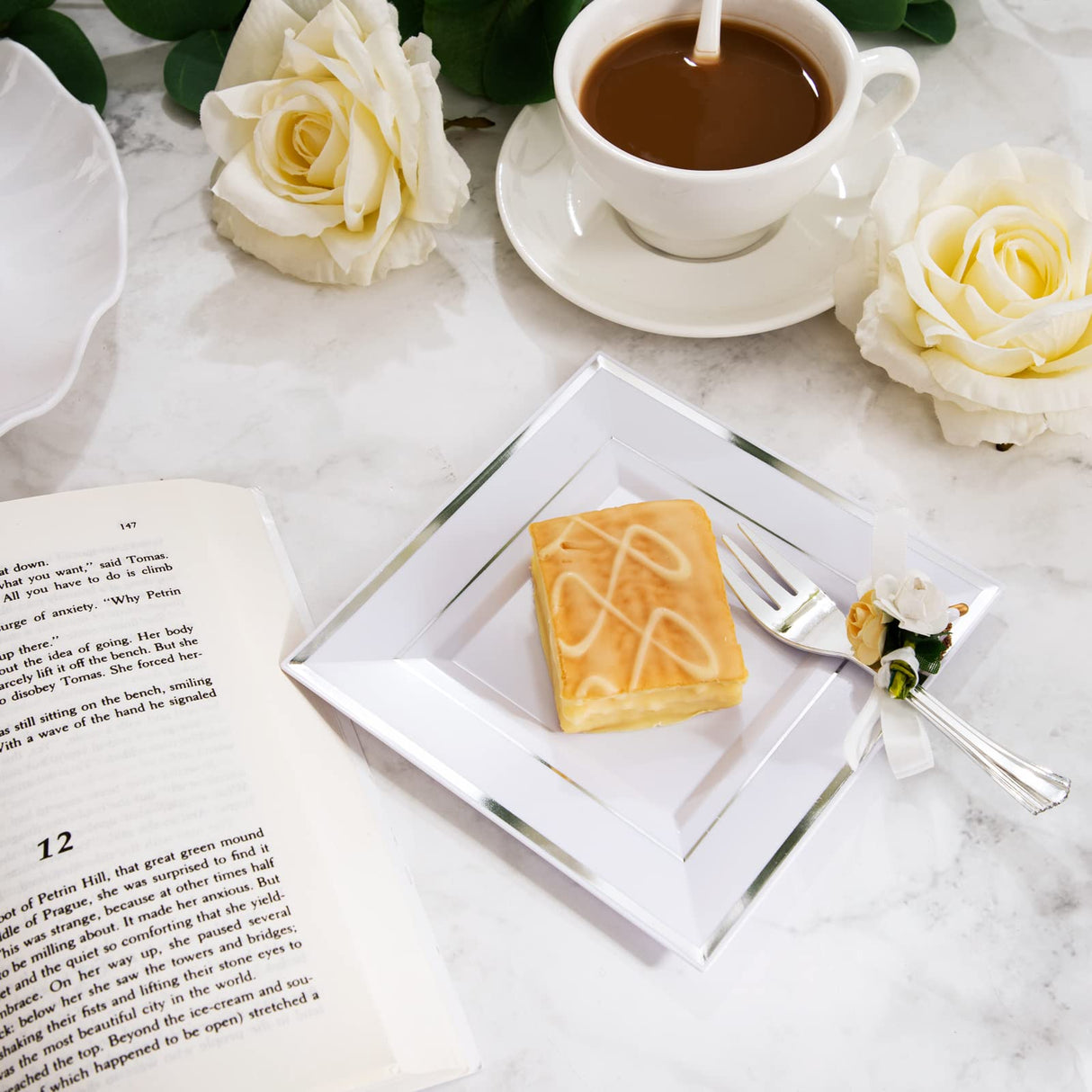 WDF Silver Plastic Dessert Plates with Plastic Forks - 6” 100 Square Disposable Appetizer Plates Small Plates Cake Plates with Silver Rim &100 Small Appetizer Forks for Christmas Party/Wedding