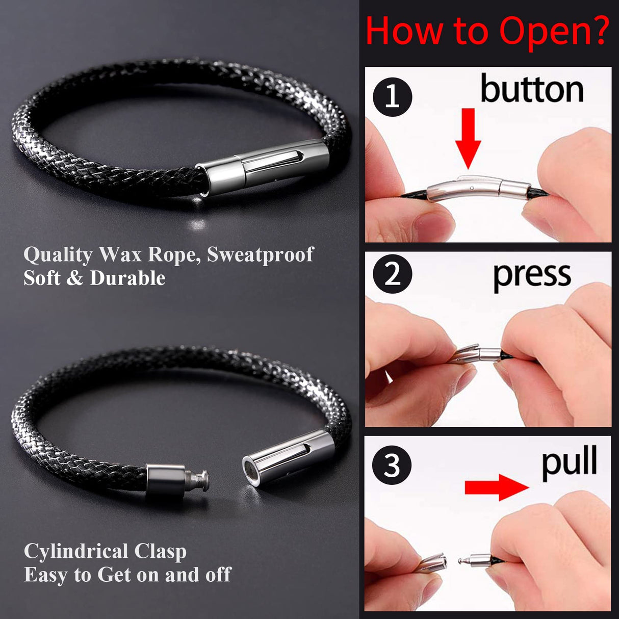 ChainsHouse Mens Black Leather Bracelet Cord 5mm 7.9 inch Black Stainless Steel Clasp Leather Bracelets Waterproof Cuff Bracelet