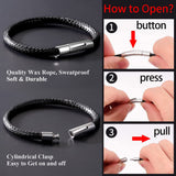 ChainsHouse Mens Black Leather Bracelet Cord 5mm 7.9 inch Black Stainless Steel Clasp Leather Bracelets Waterproof Cuff Bracelet