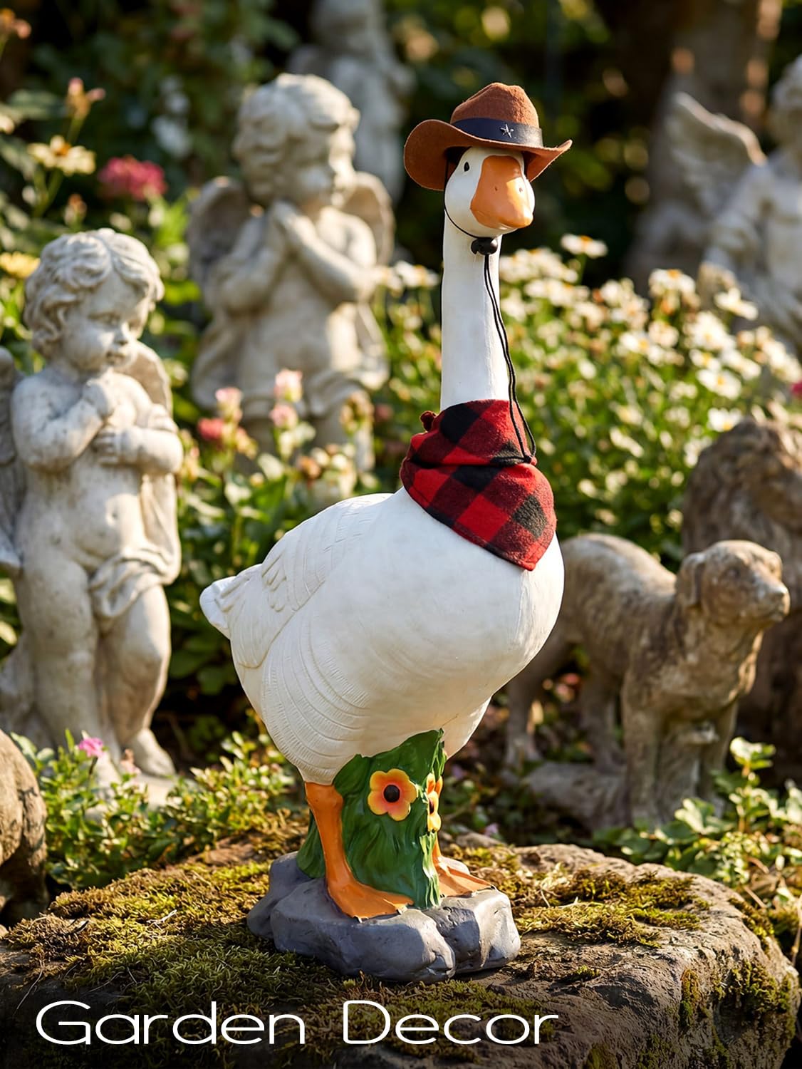 LarpGears Premium Adjustable Large Porch Goose Statue – 23” Realistic Hollow Plastic Garden Goose with Removable Cowboy Hat & Bandana, Stone Base with Sand-Fillable Design for Outdoor Stability