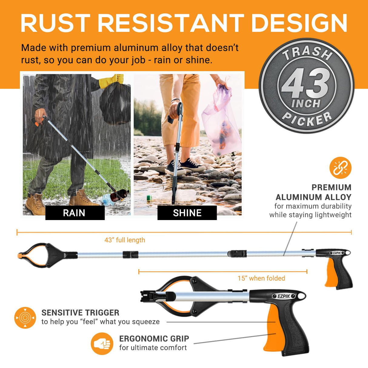 EZPIK Grabber Reacher Pro (43-inch), Premium Trash Picker with Comfortable Ergonomic Handle for Effortless Pickup of Trash, Litter & Small Debris, Ideal for Yard Work, Beach Cleanups & More