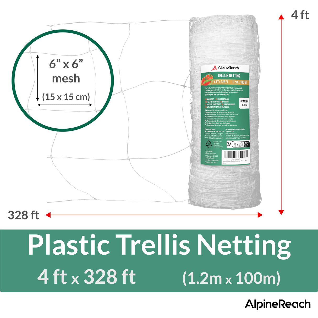 AlpineReach Trellis Netting 4ft x 328ft Heavy Duty Plastic White - 6 Inch Mesh Support Twine for Growing High Yield Tomatoes, Peas, Vine Climbing Plants Fruits Vegetables