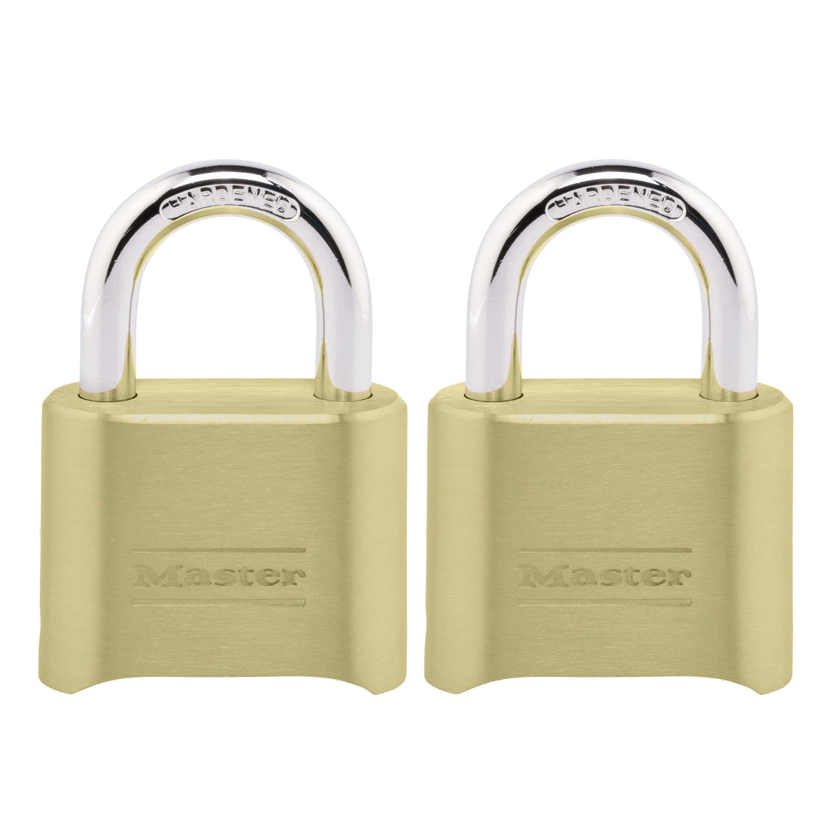 Master Lock Brass Combination Lock, Gate Lock for Outdoor Fence or Shed, Customizable Combination Padlock with 2-inch Wide Body and 1-inch Shackle, 2 Pack, 175EC2