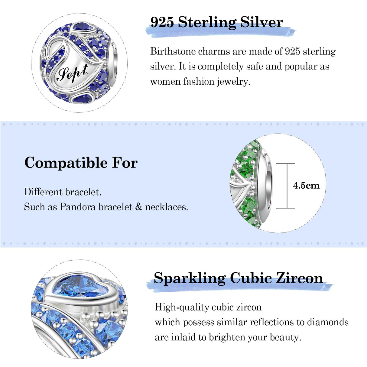 JIAYIQI June Alexandrite Birthstone Heart Charm for Pandora Charms Bracelet
