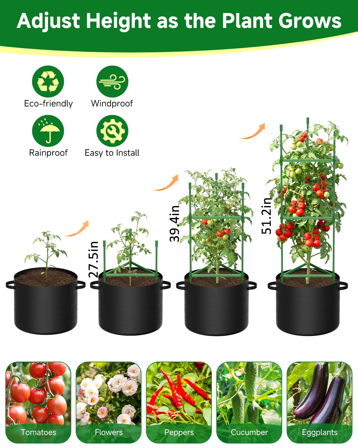 MQJIAZHI 4 Pack Tomato Trellis Cages 55 Inch Height, with 17 Gallon Square Grow Bags, Heavy Duty Tomato Plant Support Stakes for Outdoor Garden Climbing Vegetables Fruits Flowers