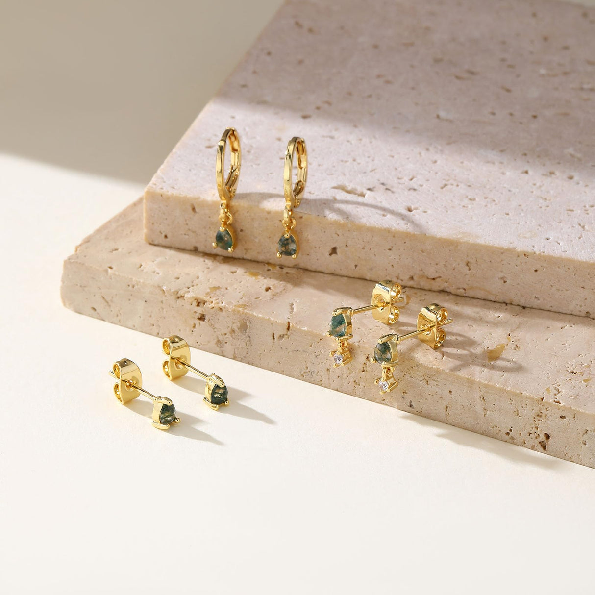 Moss Agate Gold Earrings for Women Set Stud Earring Stacks 14k Gold Plated Hypoallergenic Huggie Hoop Earrings Set Green Gemstone Dangle Earring Golden Jewelry Gifts For Women