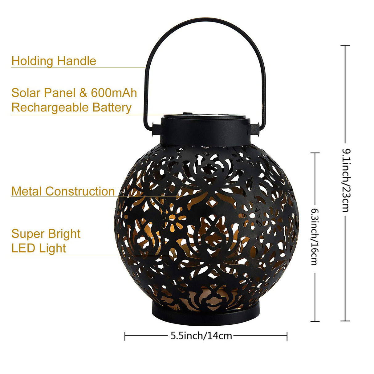 EXCMARK 2 Pack Outdoor Solar Hanging Lantern Lights Metal LED Decorative Lamp for Garden Patio Courtyard Lawn and Table with Hollowed-Out Design (Black)
