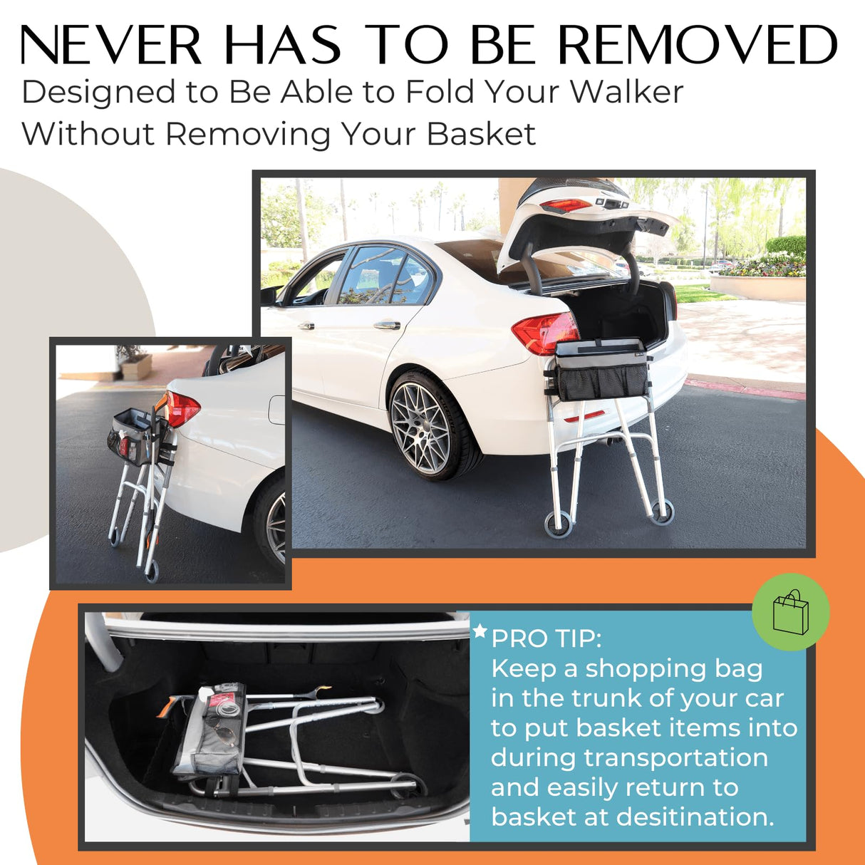 Walker Basket for Folding Walker with Flip-Down Walker Tray Reacher Cane Holder Strap Cup Holder | Basket for Walker Bags for Folding Walker with Wheels, Walker Accessories for Walker Rollator (GRAY)