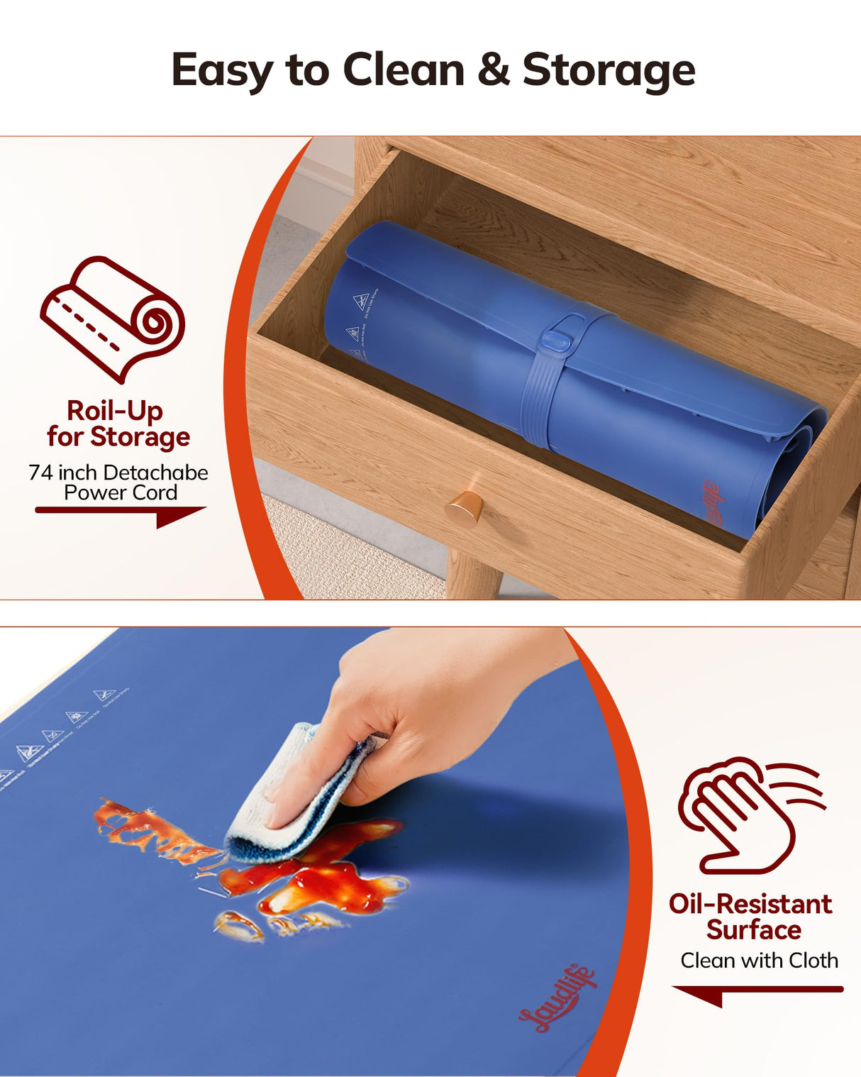 Laudlife Electric Warming Mat for Food, Roll-Up Silicone Heating Pad with 7 Adjustable Tempmaster Levels, Foldable Warming Tray for Countertop,Buffet Party, Kitchen & Home, Child Lock, Dark Bule
