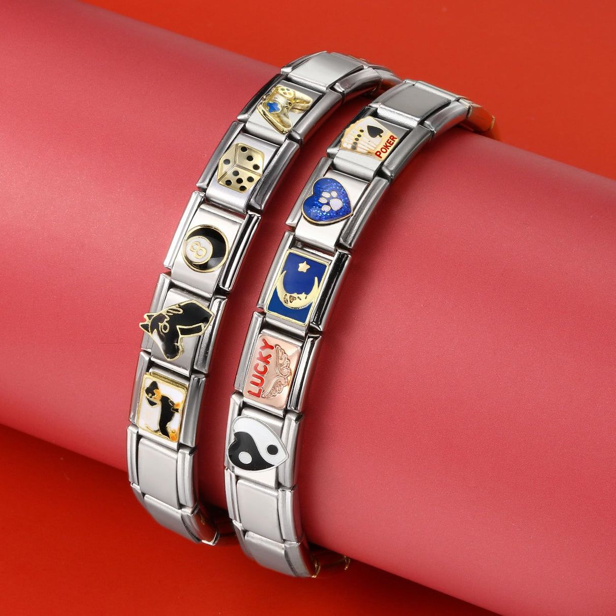Double Fair Silver Italian Charm Bracelet with 20 Interchangeable Charms (Moon, Stars, Wings, Poker) + Opener, DIY Adjustable Stainless Steel Bracelet for Women & Men