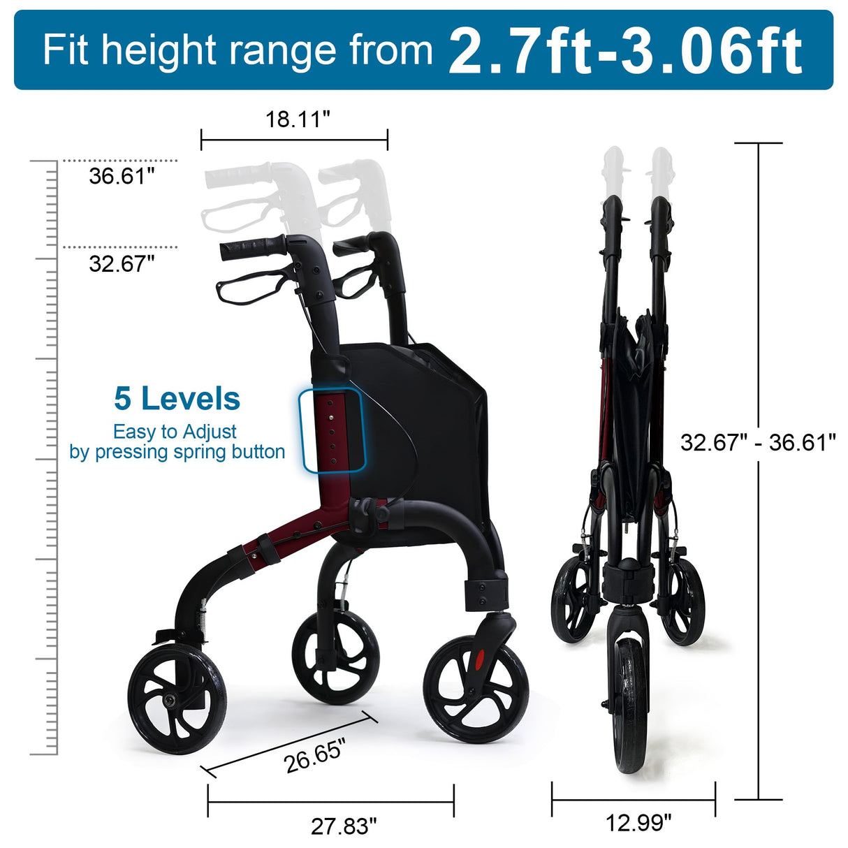 Premium 3 Wheel Rollator Walker for Seniors, Lightweight Foldable Elderly Three Wheeled Rollator with Storage Bag, Aluminum Mobility Aid Rolling Walker (Black & Red)