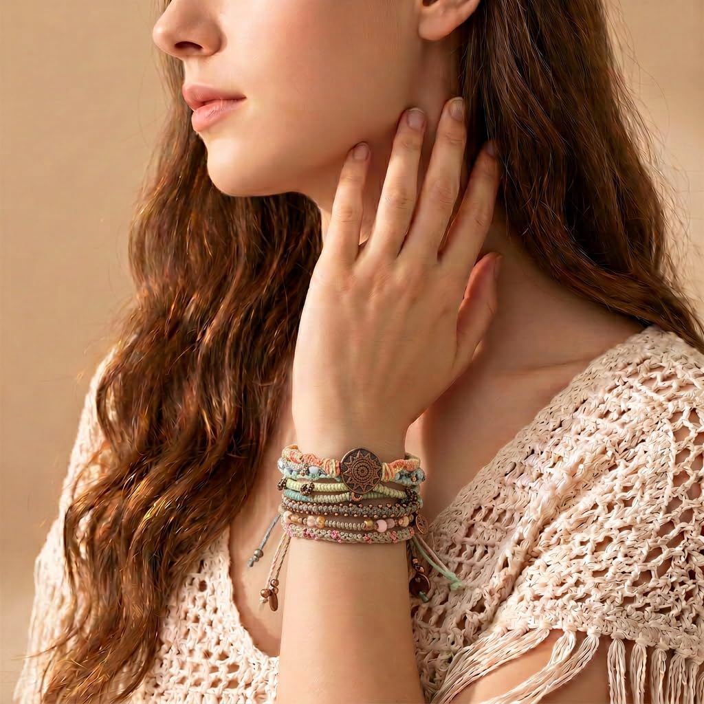 Wakami 7 Piece Boho Bracelet Set for Women, Handmade Beaded Stackable