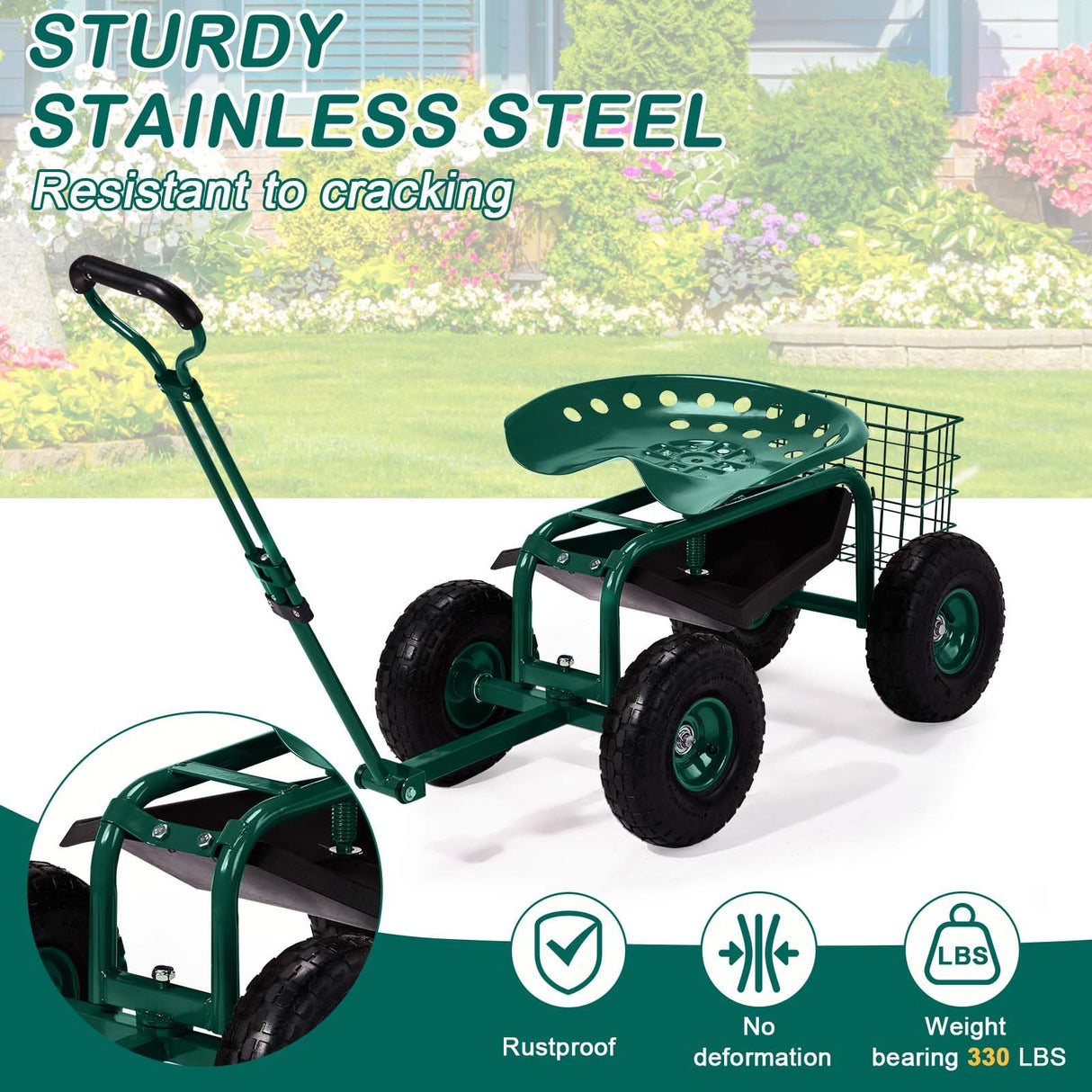 VINGLI Garden Cart with Rolling Seat, Wheels, Adjustable Steering Handle & Utility Tool Tray, Planting Wagon Scooter, Gardening Tool for Senior, for Patio, Backyard, Lawn & Outdoor (Green)