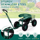 VINGLI Garden Cart with Rolling Seat, Wheels, Adjustable Steering Handle & Utility Tool Tray, Planting Wagon Scooter, Gardening Tool for Senior, for Patio, Backyard, Lawn & Outdoor (Green)
